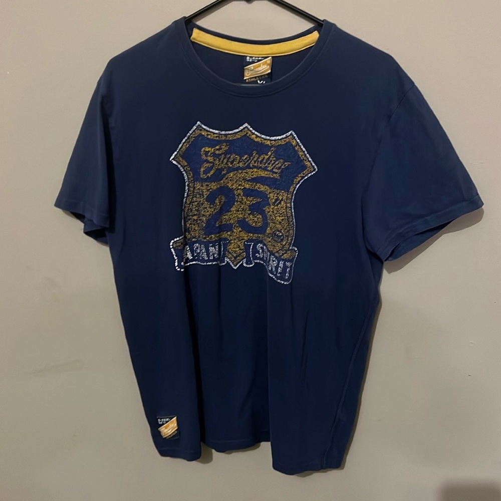 Super dry men’s xl racing graphic t shirt blue and yellow.  Japanese sizing